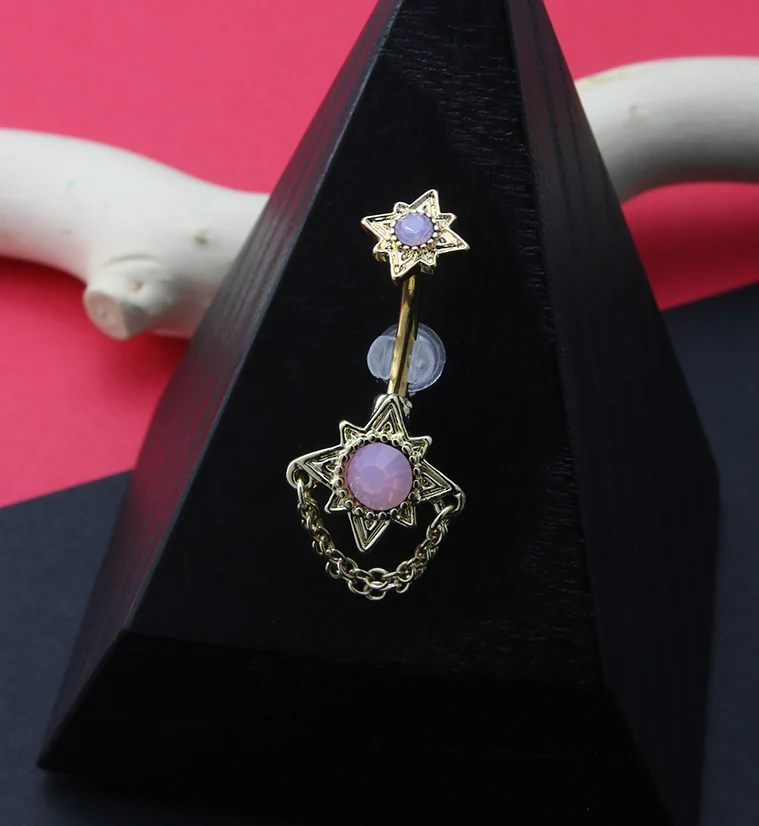 Gold PVD North Star Pink Opalite Dangle Chain Belly Button Ring - Image 2