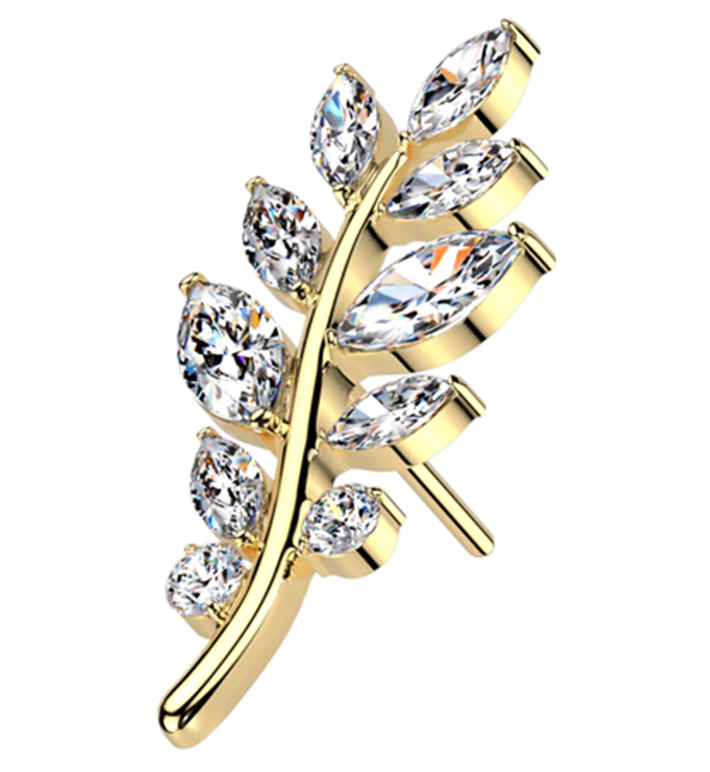 Gold PVD Olive Leaf Clear CZ Threadless Titanium Top