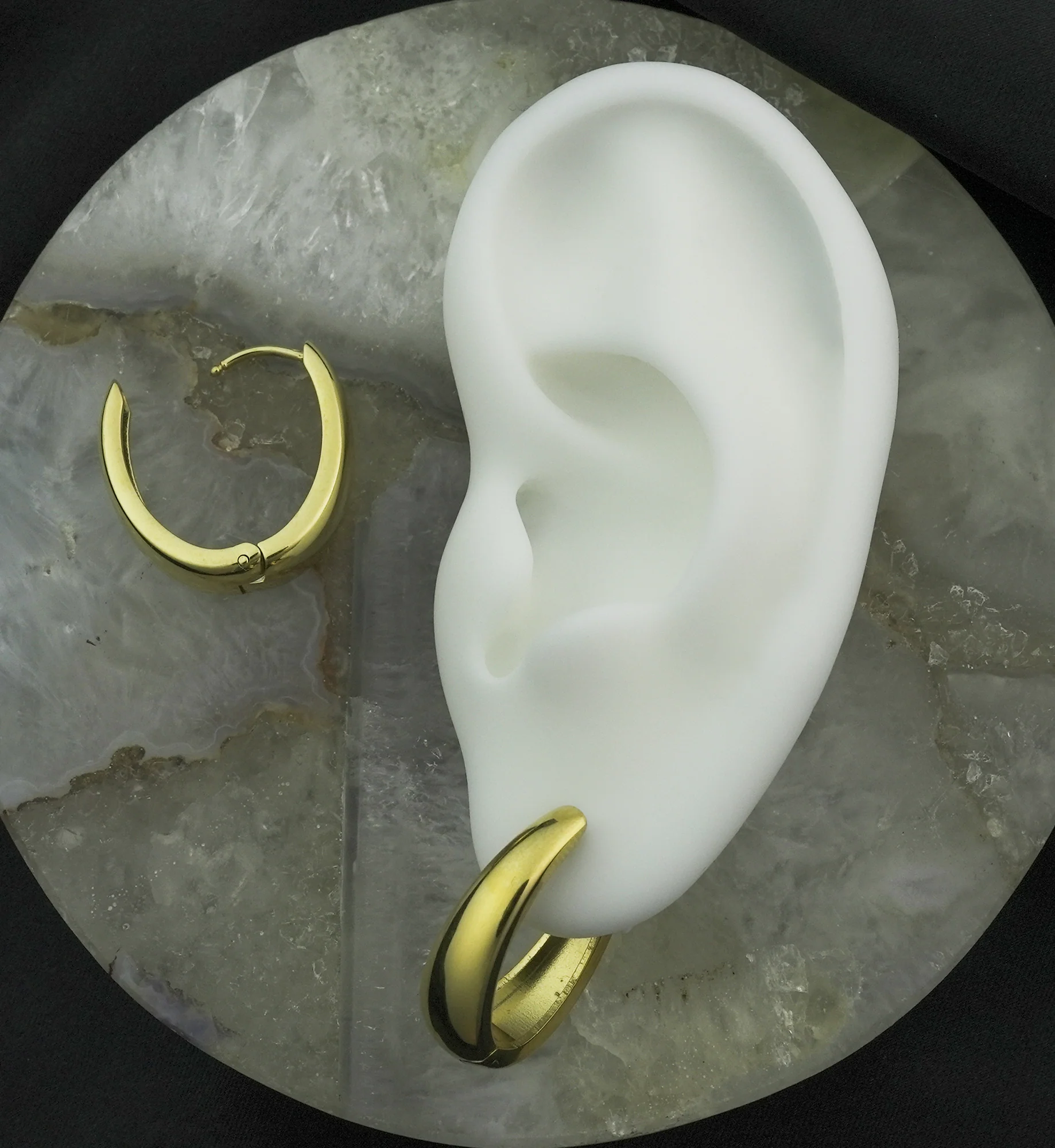 Gold PVD Oval Stainless Steel Hinged Hoop Huggie Earrings - Image 2