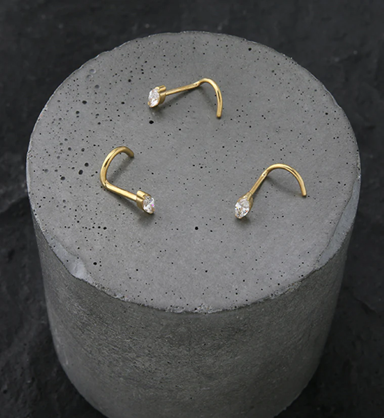 Gold PVD Ovate Clear CZ Titanium Nose Screw Ring - Image 3