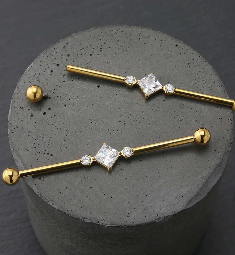 Gold PVD Paragon Clear CZ Titanium Industrial Barbell - Image 2