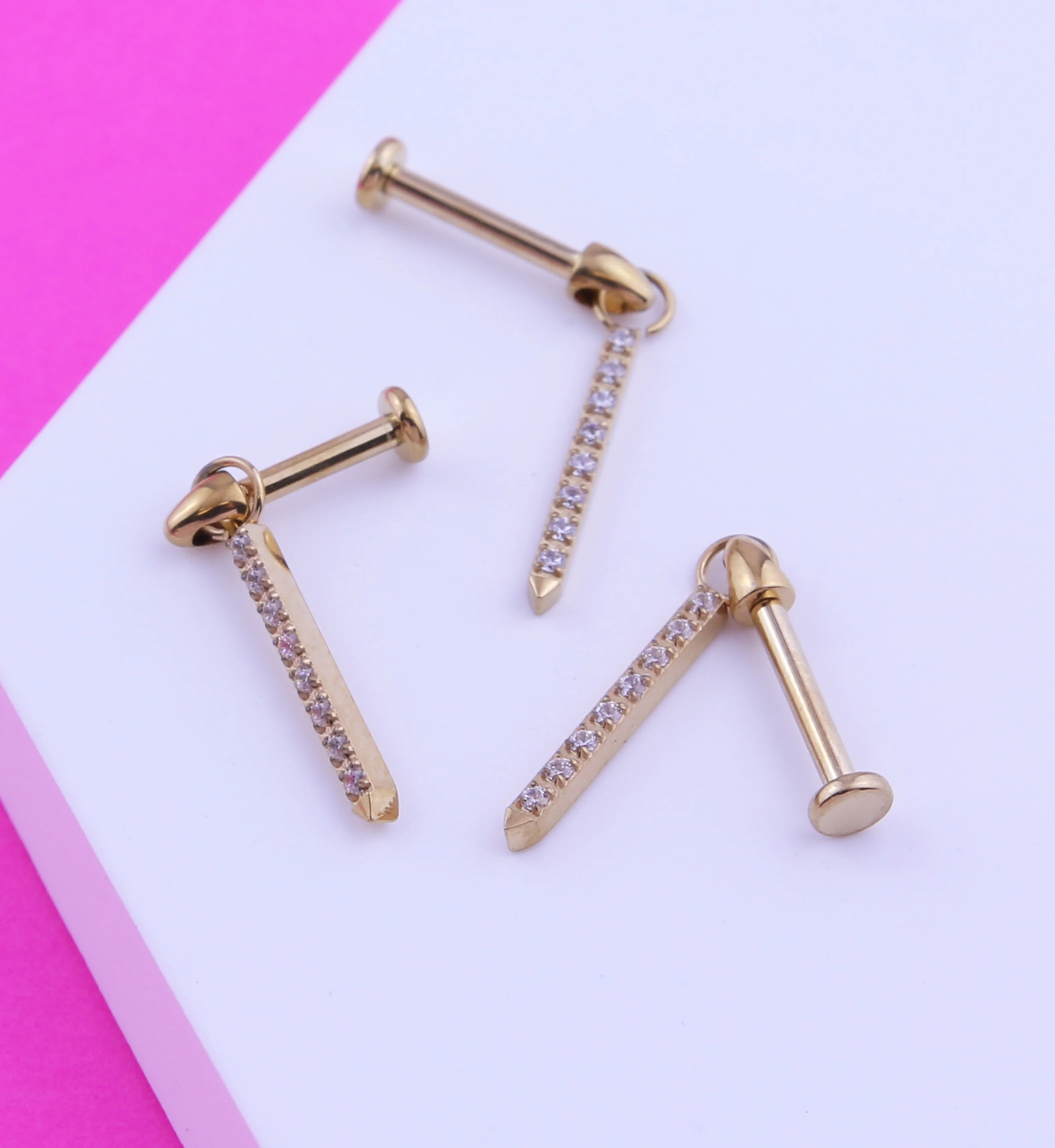 Gold PVD Pave Clear CZ Dangle Post Internally Threaded Titanium Labret - Image 2