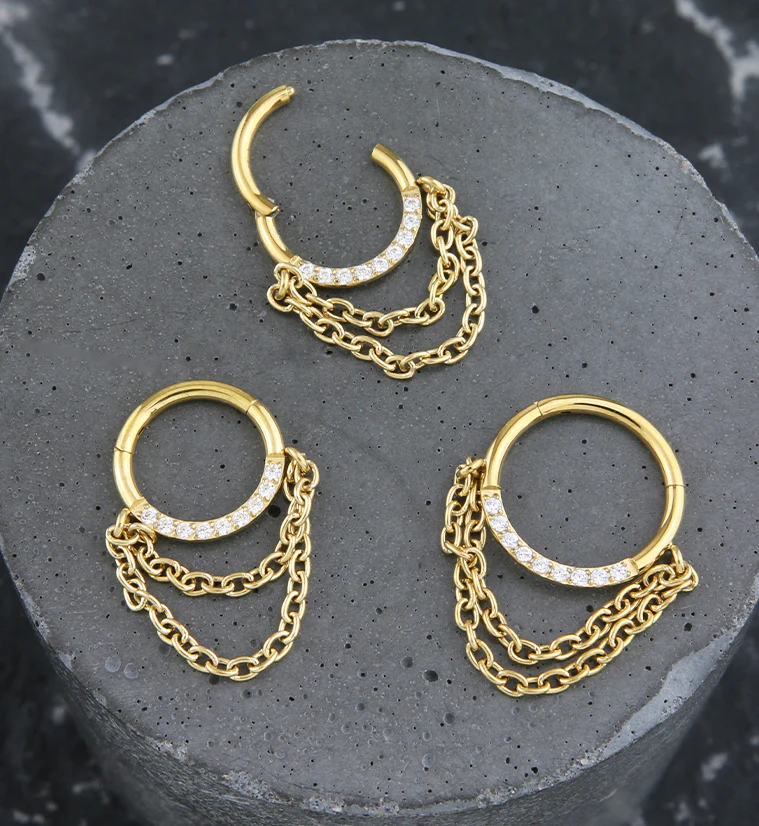 Gold PVD Pave Clear CZ Dual Dangle Chain Stainless Steel Hinged Segment Ring - Image 2