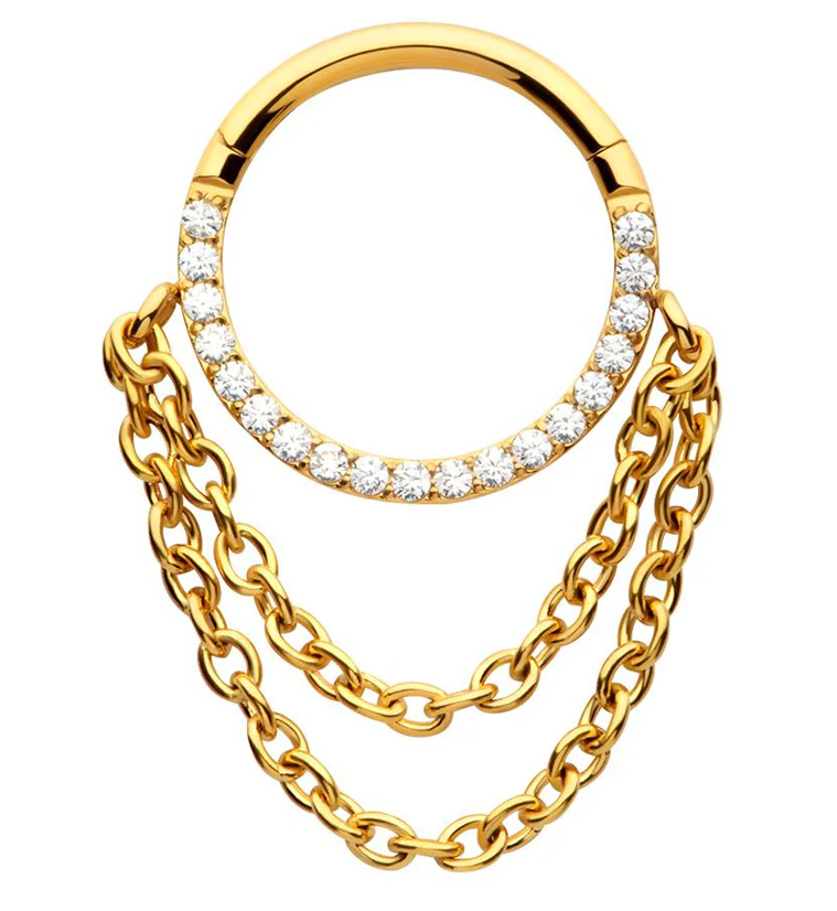 Gold PVD Pave CZ Double Dangle Chain Stainless Steel Hinged Segment Ring