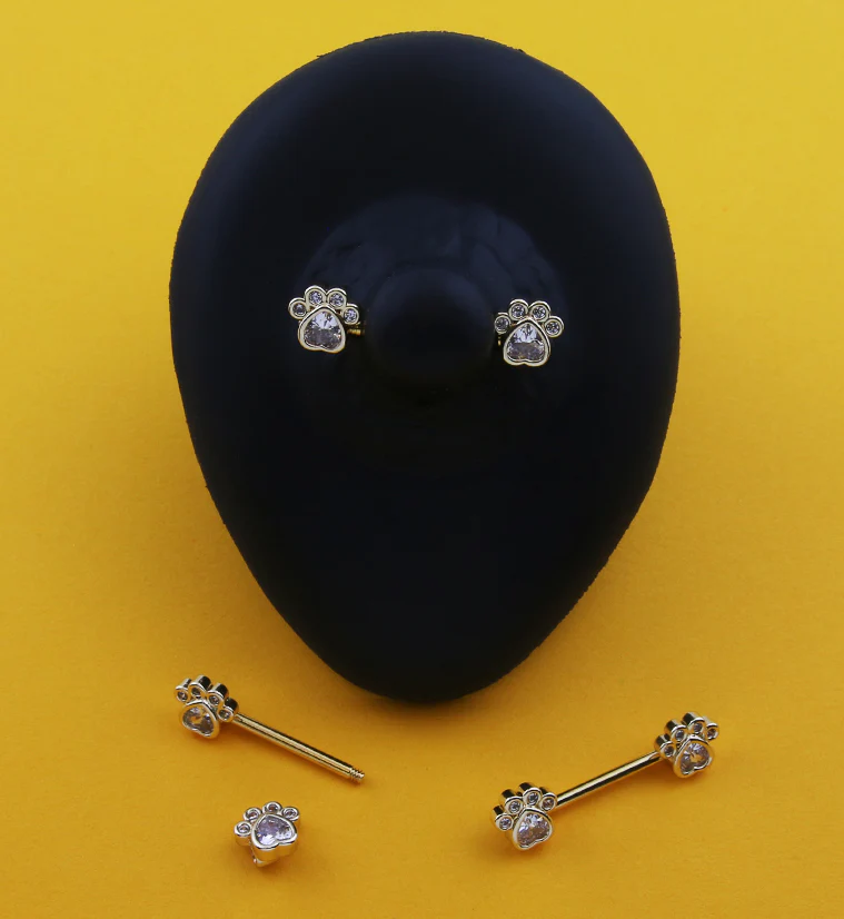 Gold PVD Paw Print Clear CZ Stainless Steel Nipple Barbell - Image 2