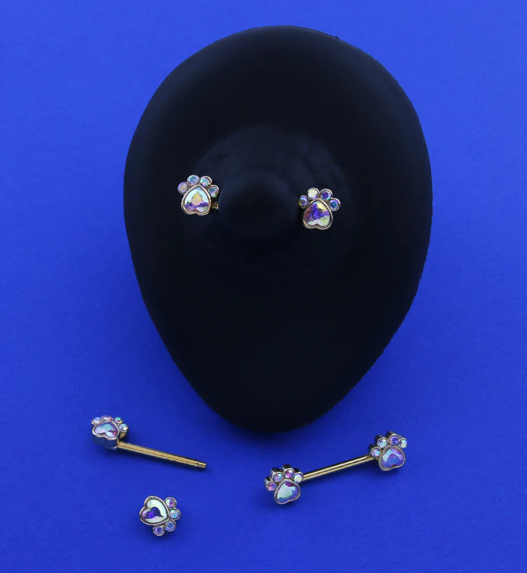 Gold PVD Paw Print Rainbow Aurora CZ Stainless Steel Nipple Barbell - Image 2
