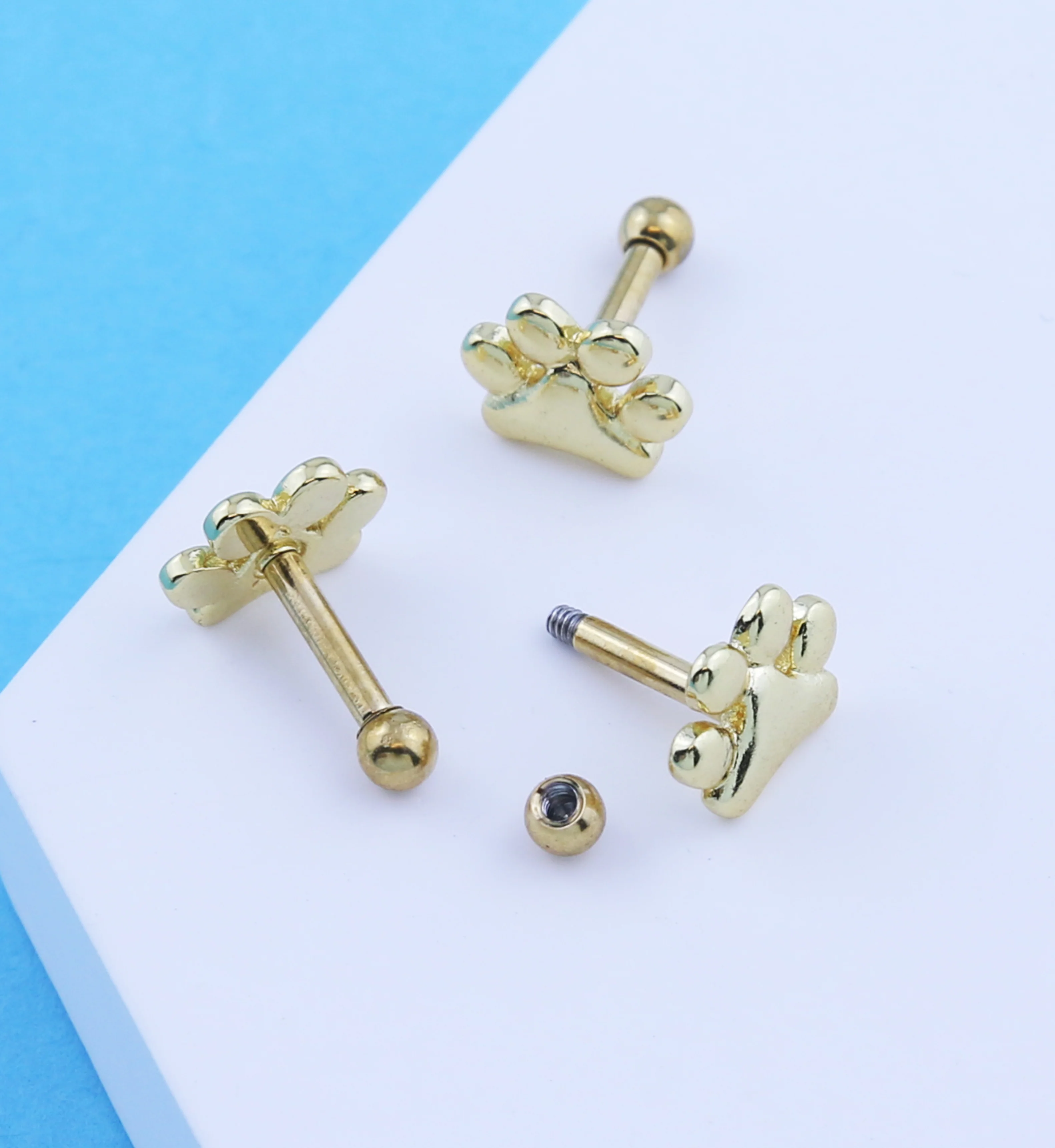 Gold PVD Paw Print Stainless Steel Cartilage Barbell - Image 2