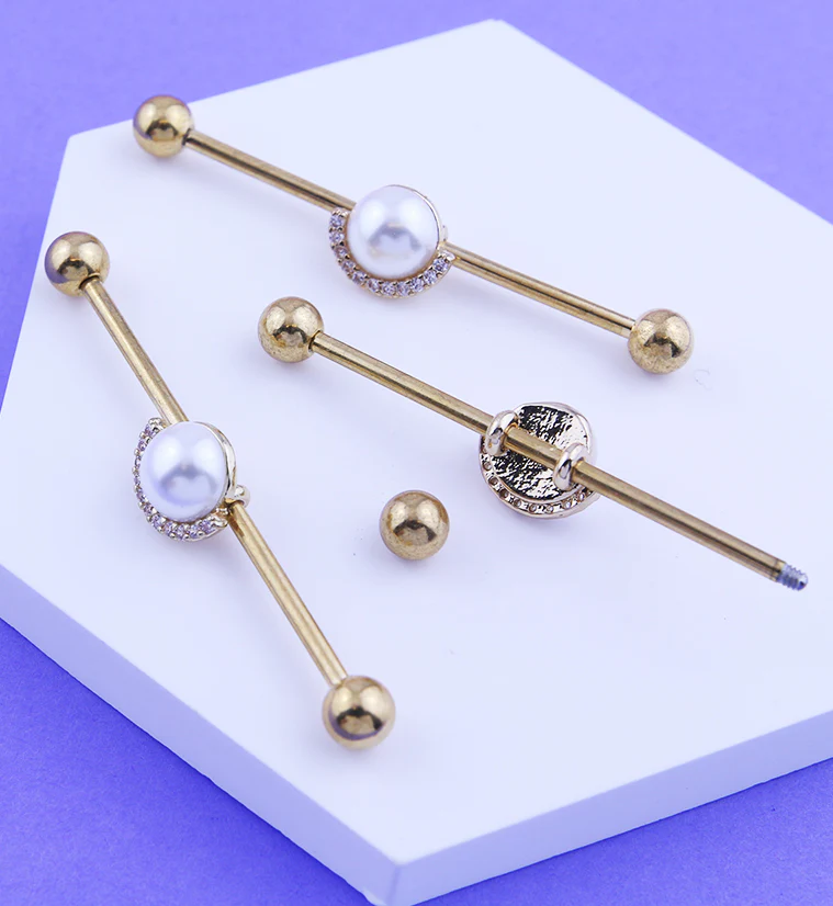 Gold PVD Pearl Clear CZ Rim Stainless Steel Industrial Barbell - Image 2