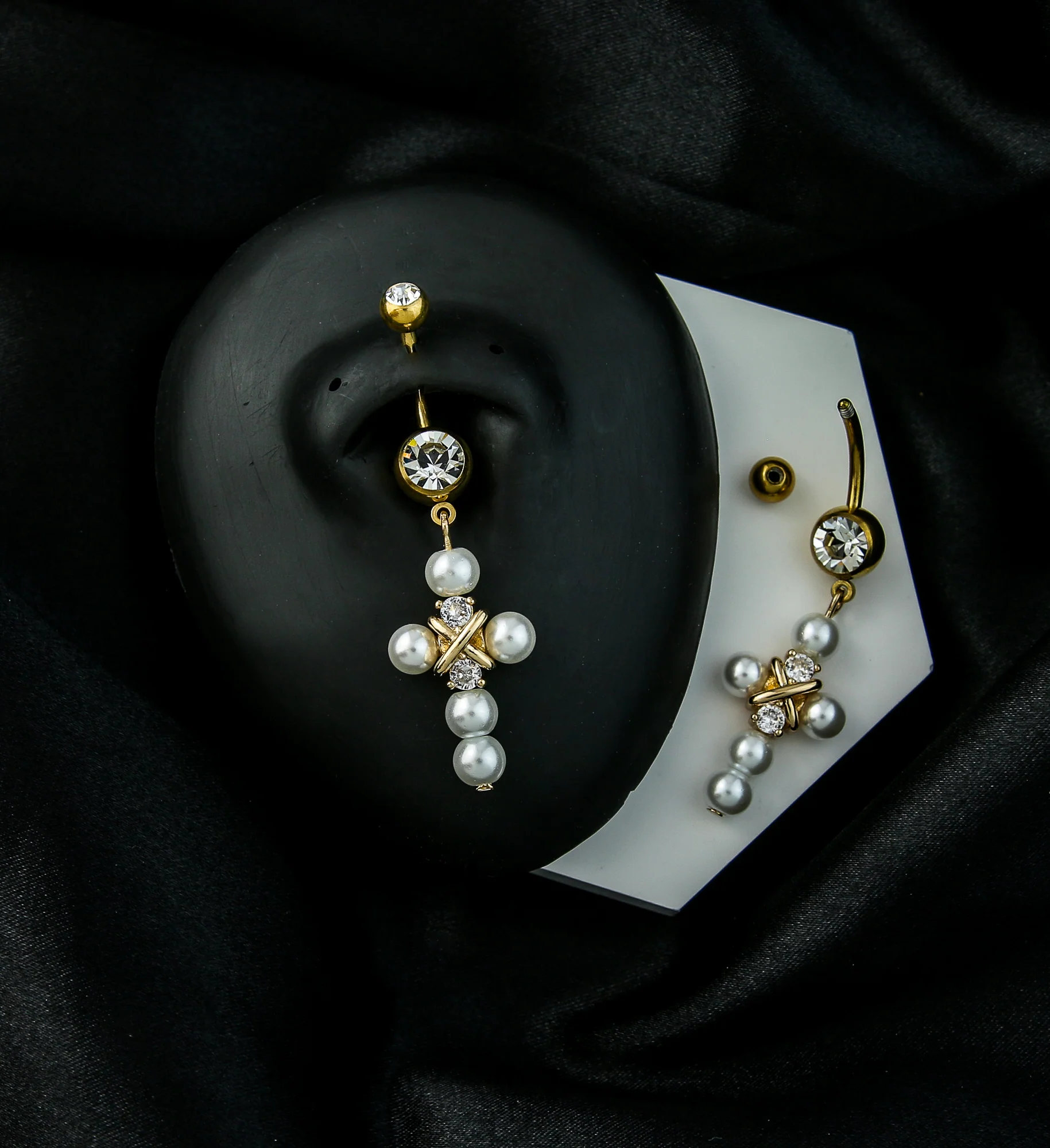 Gold PVD Pearl Cross CZ Dangle Stainless Steel Belly Button Ring - Image 2
