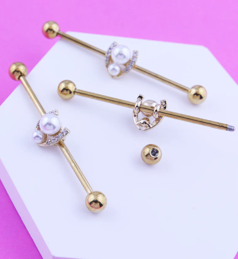 Gold PVD Pearl Horseshoe Clear CZ Stainless Steel Industrial Barbell - Image 2