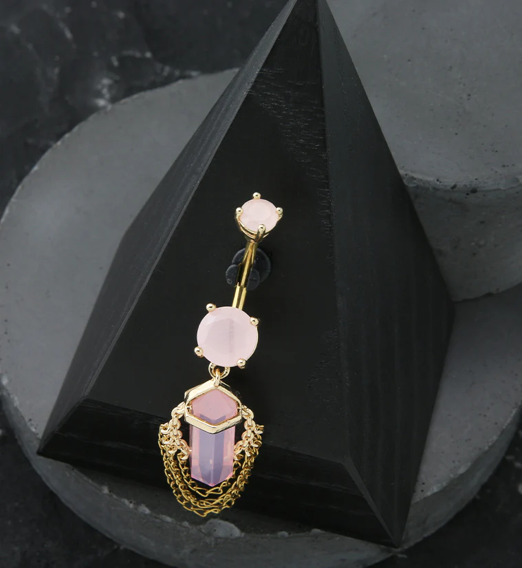 Gold PVD Pink Crystal Multi Dangle Chain Stainless Steel Belly Button Ring - Image 2