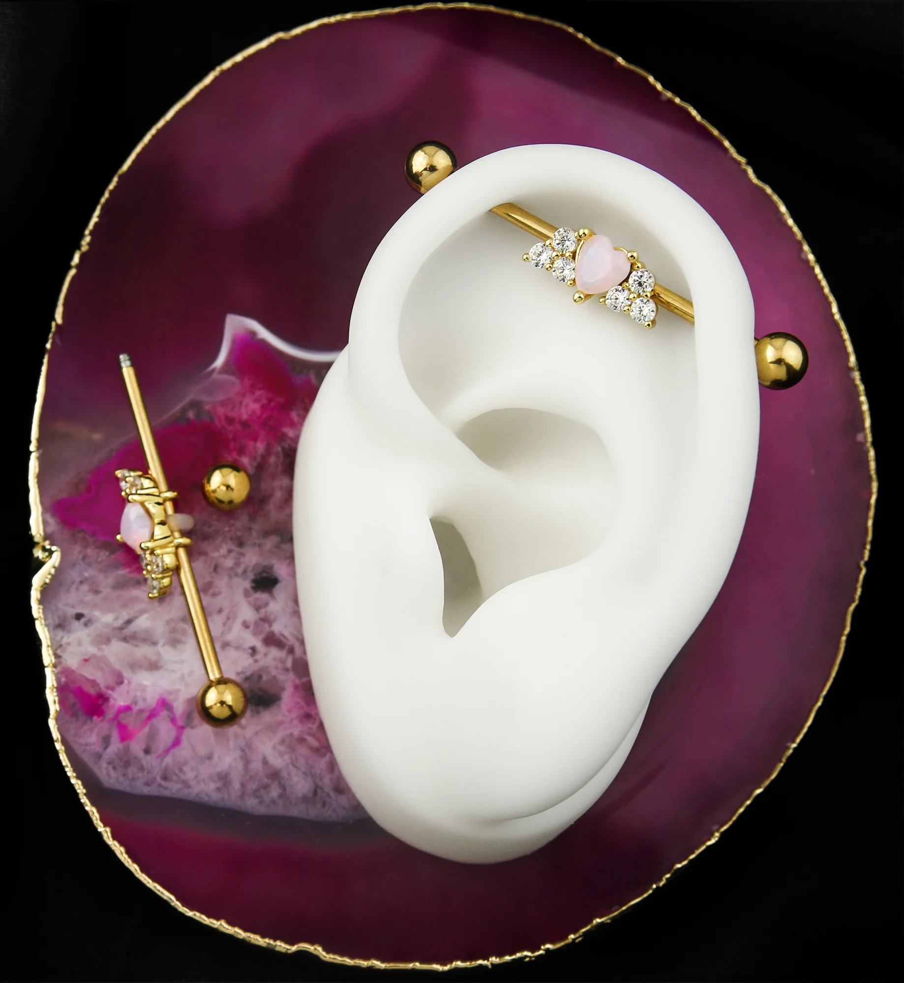 Gold PVD Pink Heart Clear CZ Stainless Steel Industrial Barbell - Image 2