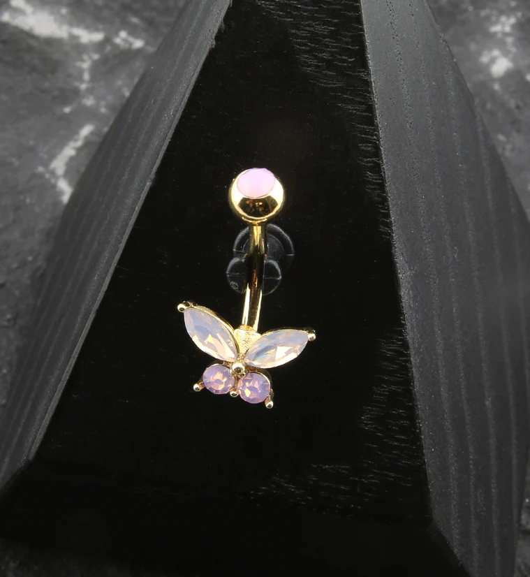 Gold PVD Pink Opalite Butterfly Stainless Steel Belly Button Ring - Image 2