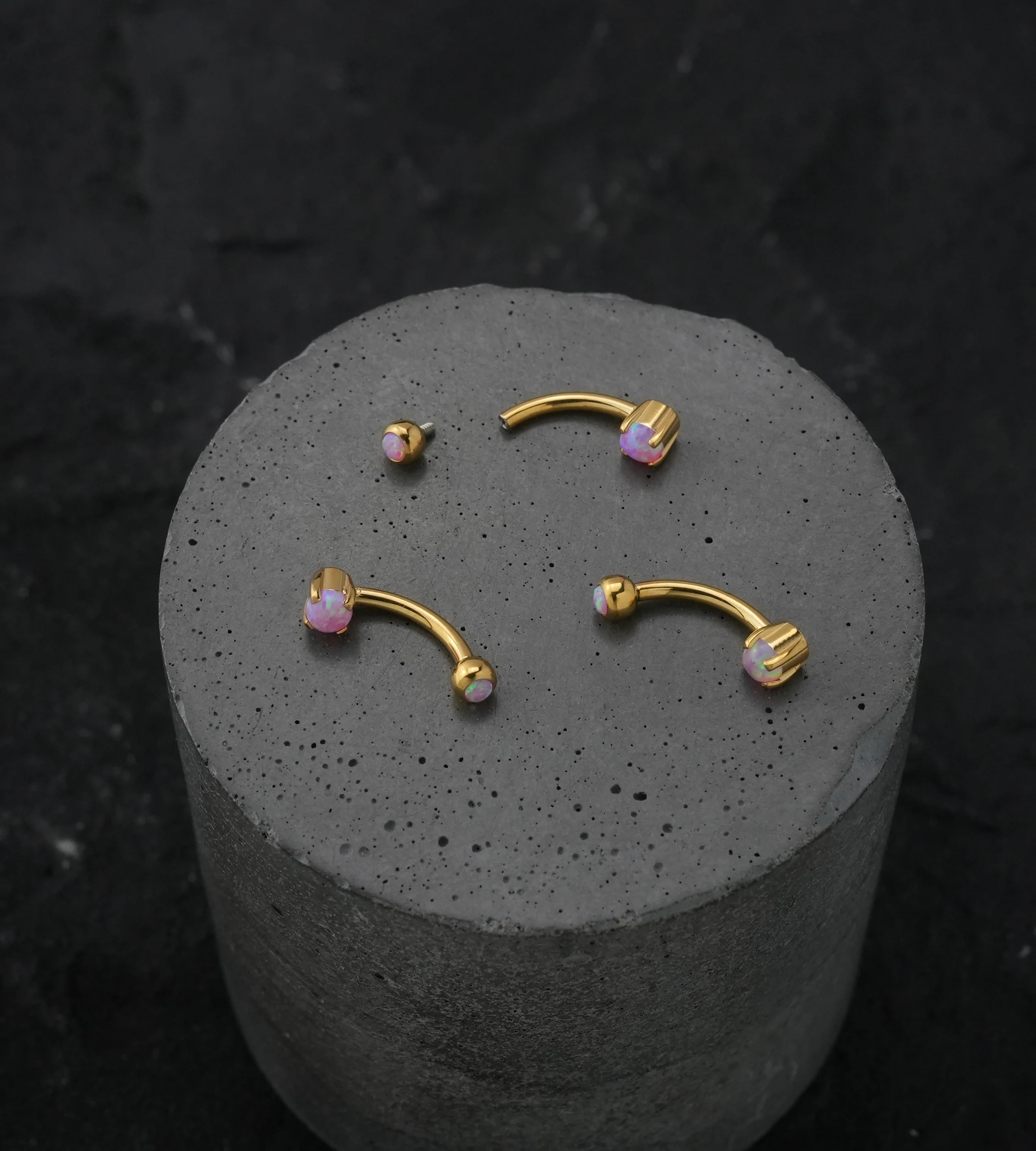 Gold PVD Pink Opalite Prong Set Stainless Steel Curved Barbell - Image 2