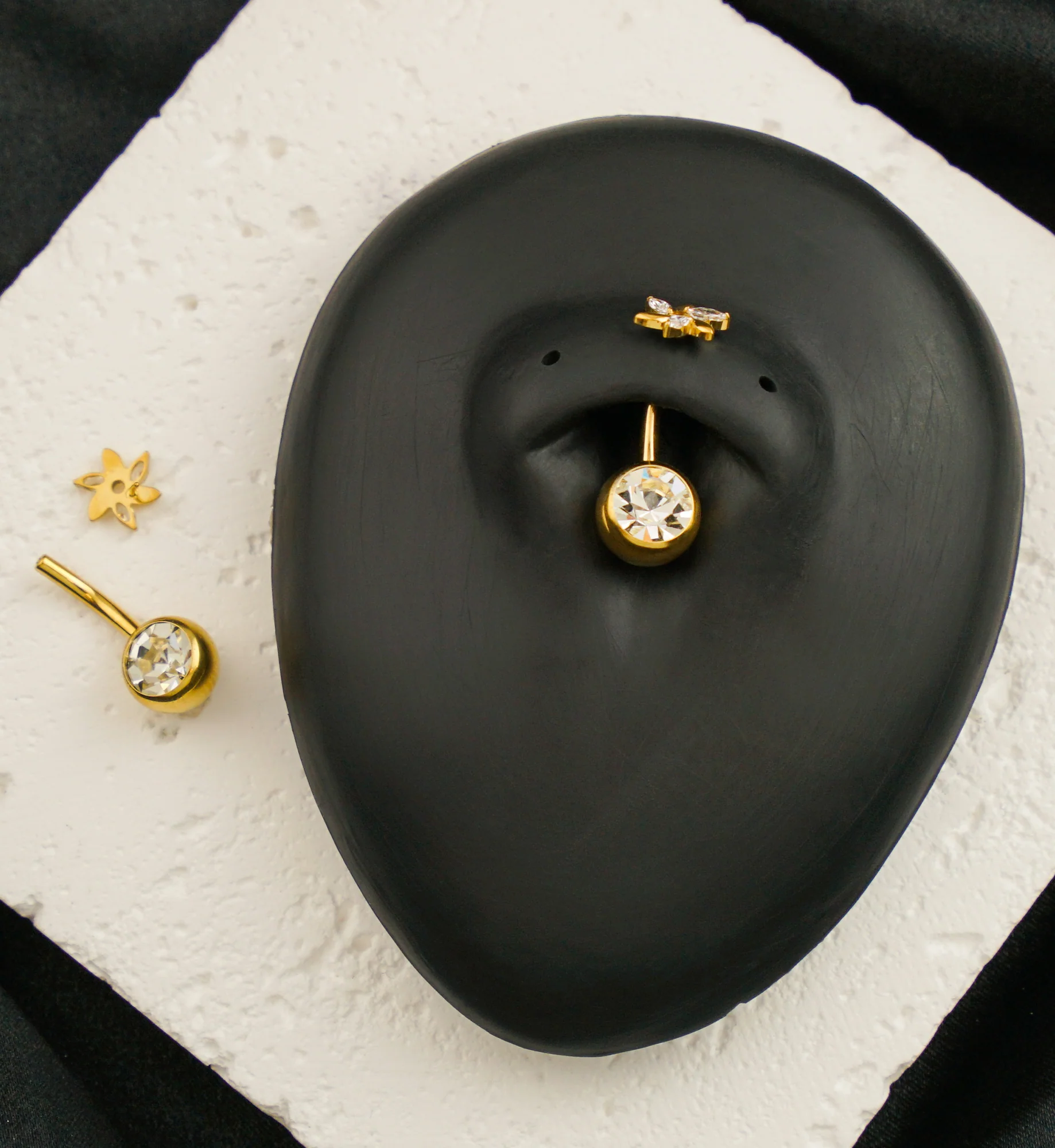 Gold PVD Pinwheel Flower Clear CZ Titanium Threadless Belly Button Ring - Image 2