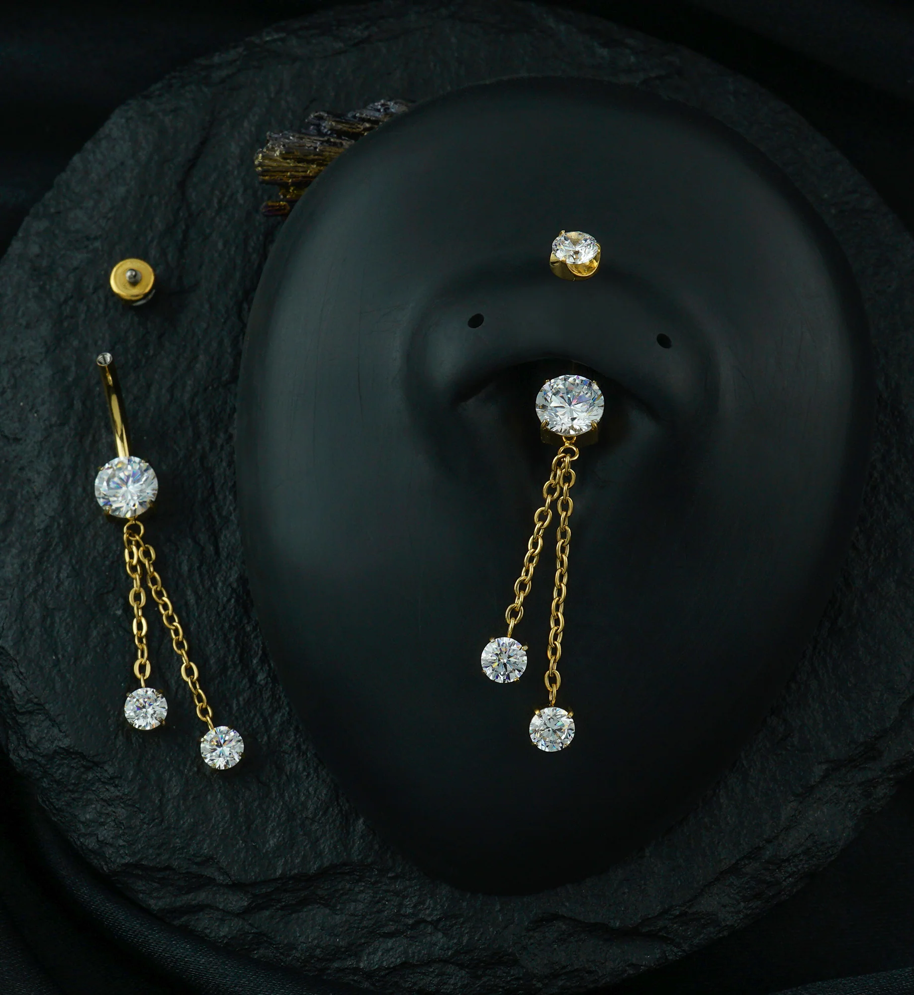 Gold PVD Prong Clear CZ Double Dangle Chain Titanium Internally Threaded Belly Button Ring - Image 2