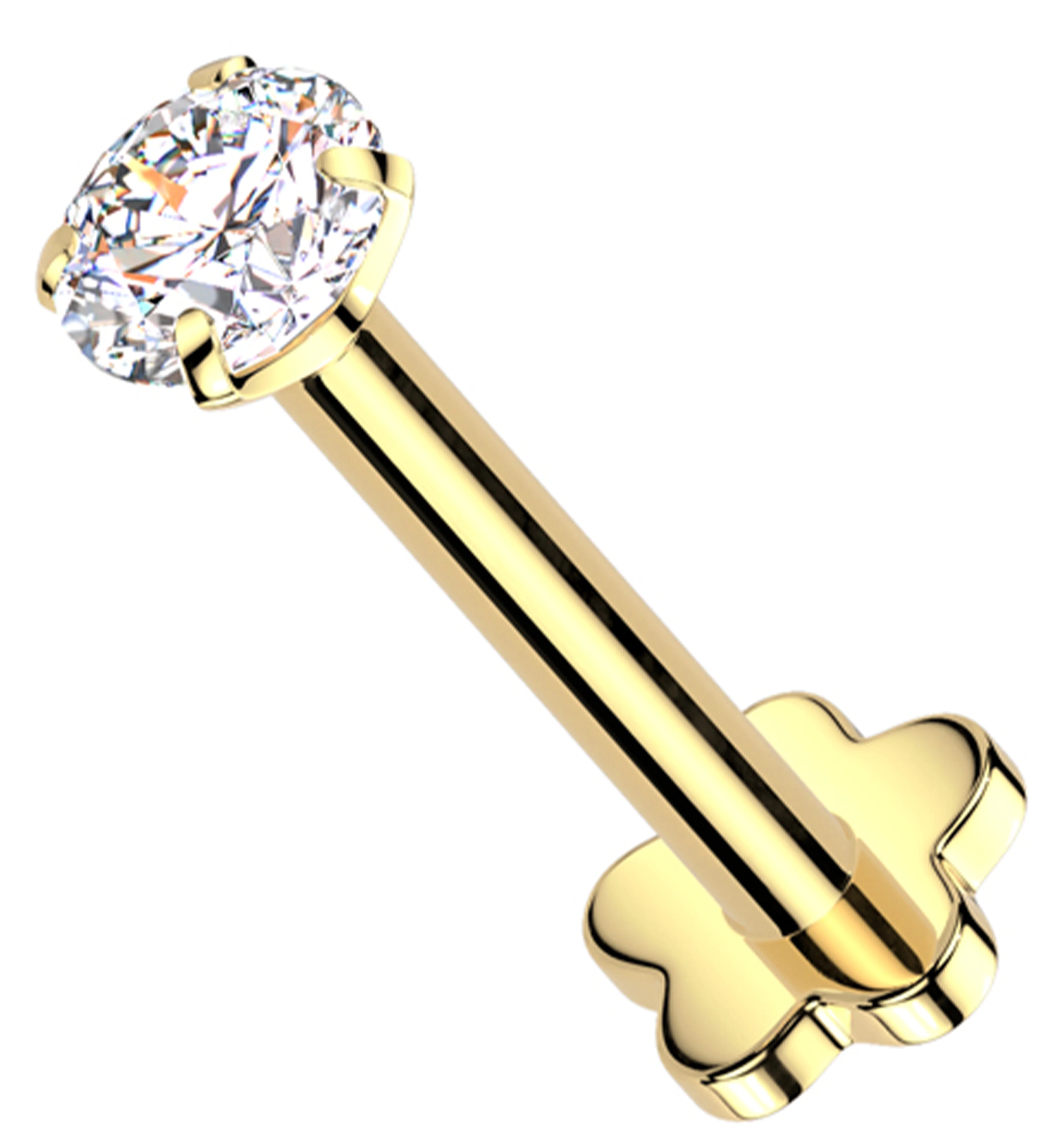 Gold PVD Prong Clear CZ Internally Threaded Titanium Flower Back Labret