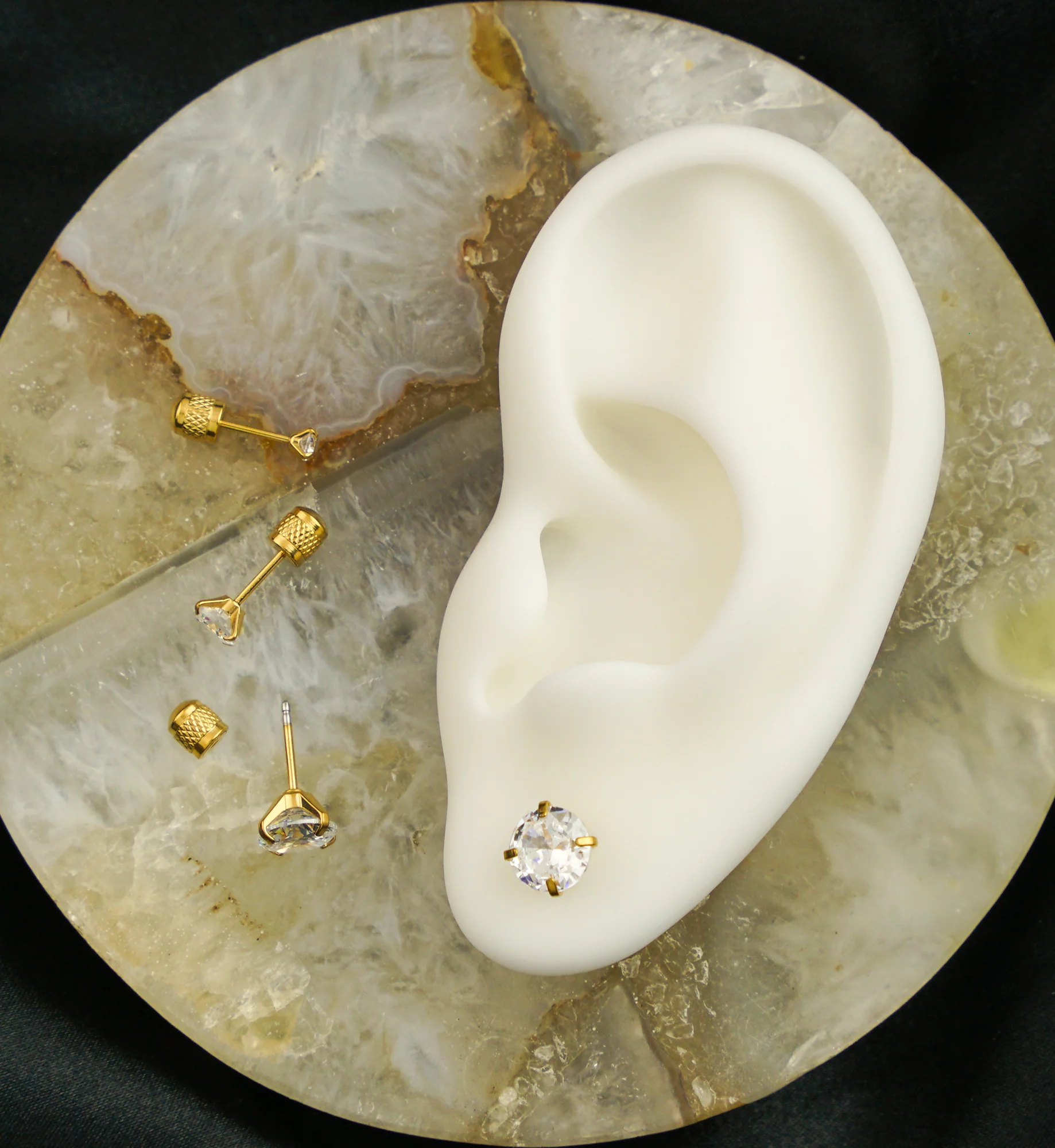 Gold PVD Prong Clear CZ Stainless Steel Textured Cylinder Back Stud Earrings - Image 2