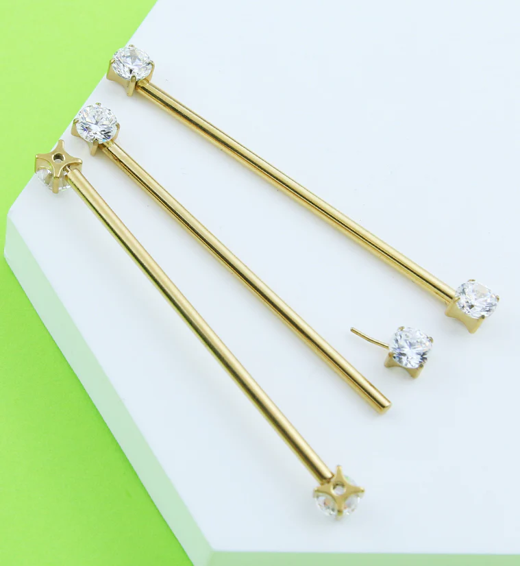 Gold PVD Prong Clear CZ Threadless Titanium Industrial Barbell - Image 2
