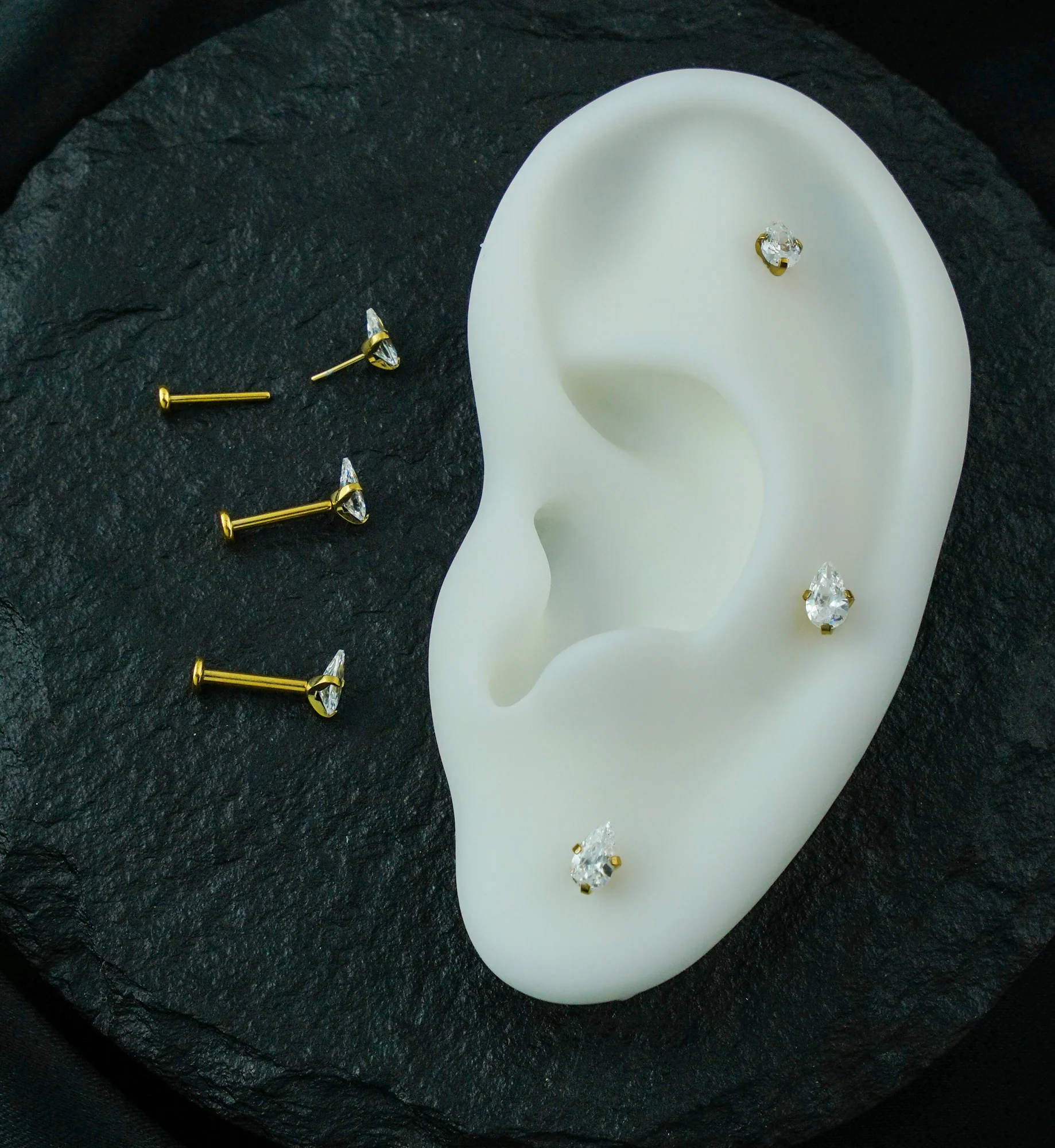 Gold PVD Prong Teardrop Clear CZ Threadless Titanium Flat Disk Labret - Image 2