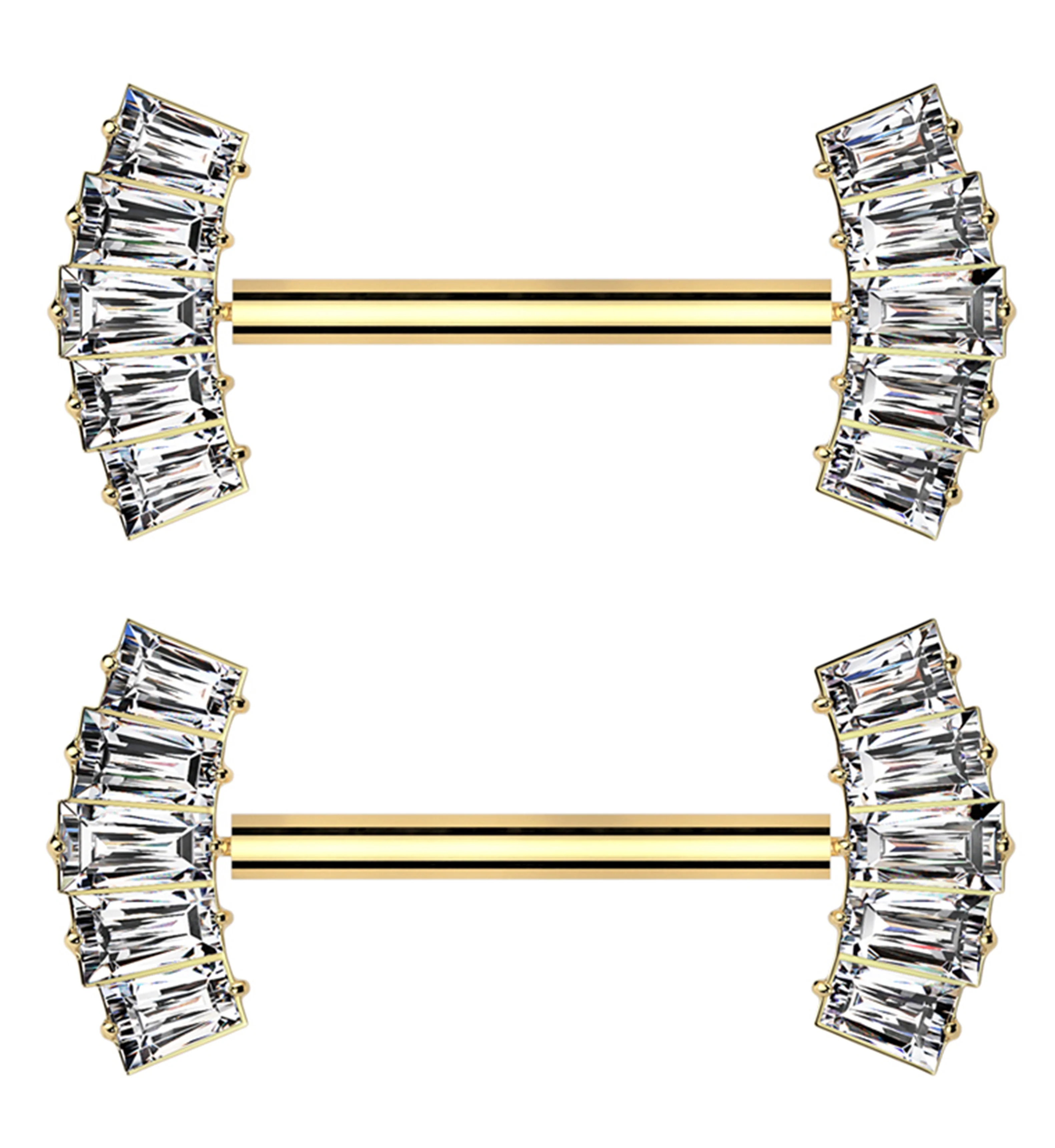 Gold PVD Quinary Baguette CZ Threadless Titanium Nipple Barbell