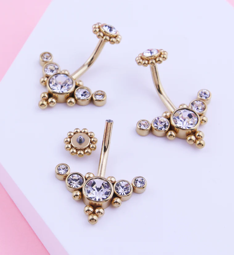 Gold PVD Quinary Curve Clear CZ Beaded Top Internally Threaded Stainless Steel Belly Button Ring - Image 2