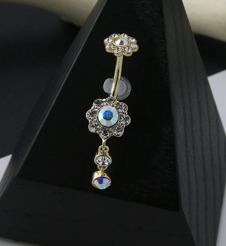 Gold PVD Rainbow Aurora CZ Dangle Flower Belly Button Ring - Image 2