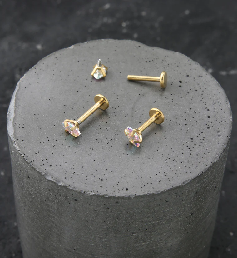 Gold PVD Rainbow Aurora Prong Oval CZ Stainless Steel Internally Threaded Labret - Image 2