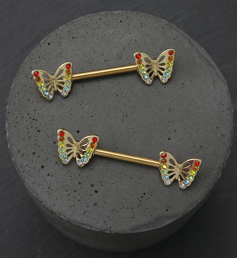 Gold PVD Rainbow Butterfly Stainless Steel Nipple Barbell - Image 2