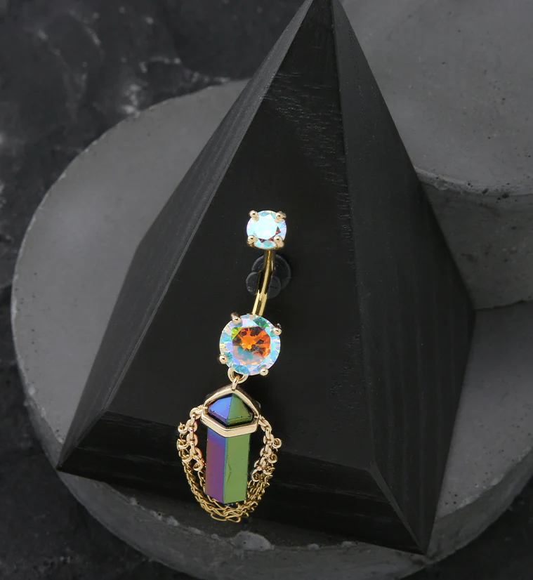 Gold PVD Rainbow Crystal Multi Dangle Chain Stainless Steel Belly Button Ring - Image 2