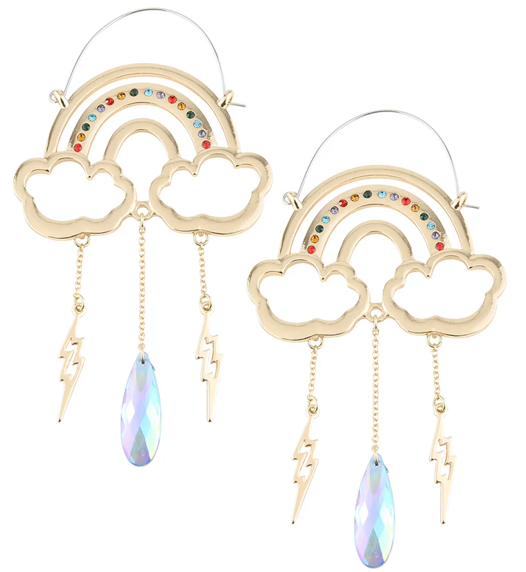 Gold PVD Rainbow Dangle Bolt Rainbow Crystal Stainless Steel Plug Hoops