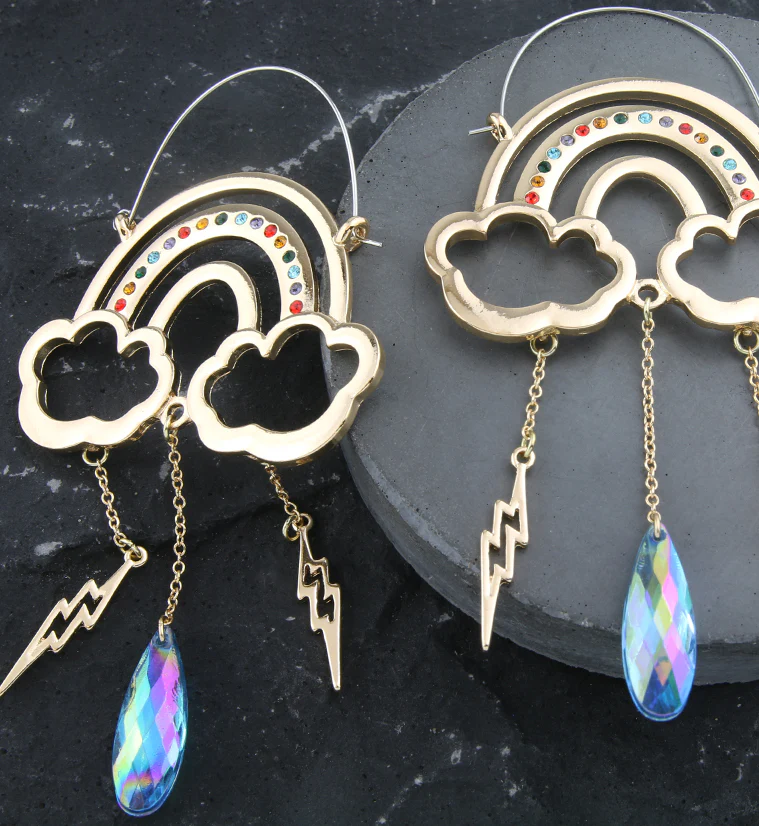 Gold PVD Rainbow Dangle Bolt Rainbow Crystal Stainless Steel Plug Hoops - Image 2