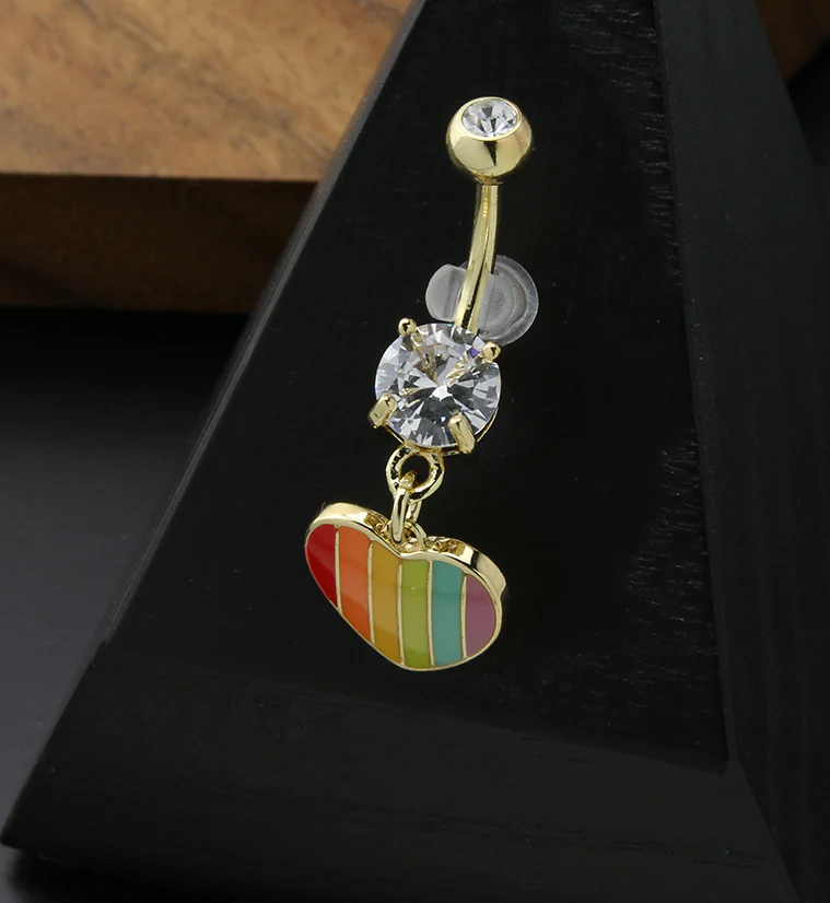 Gold PVD Rainbow Heart Stainless Steel Belly Button Ring - Image 2