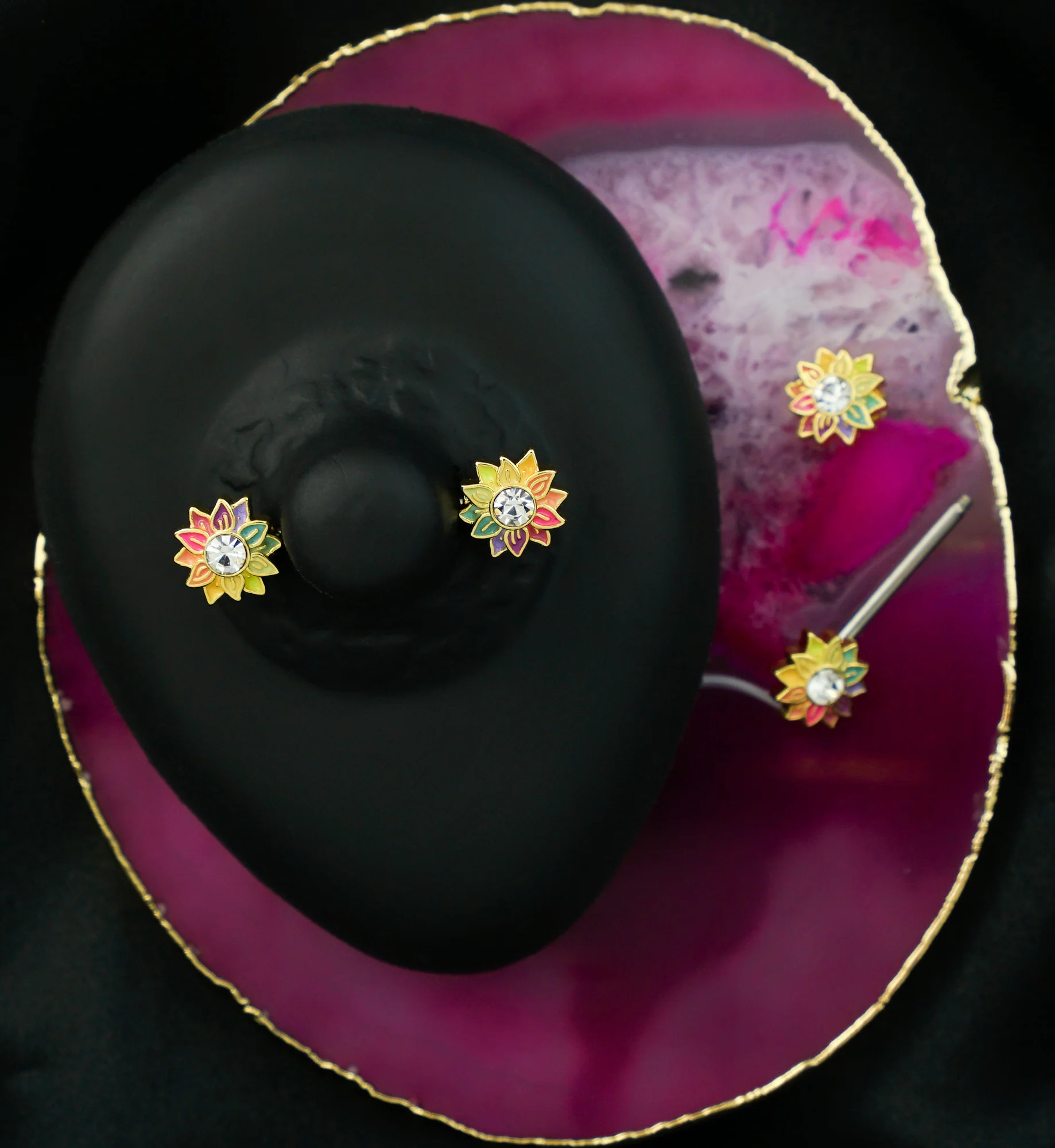 Gold PVD Rainbow Sunflower Clear CZ Stainless Steel Nipple Barbell - Image 2