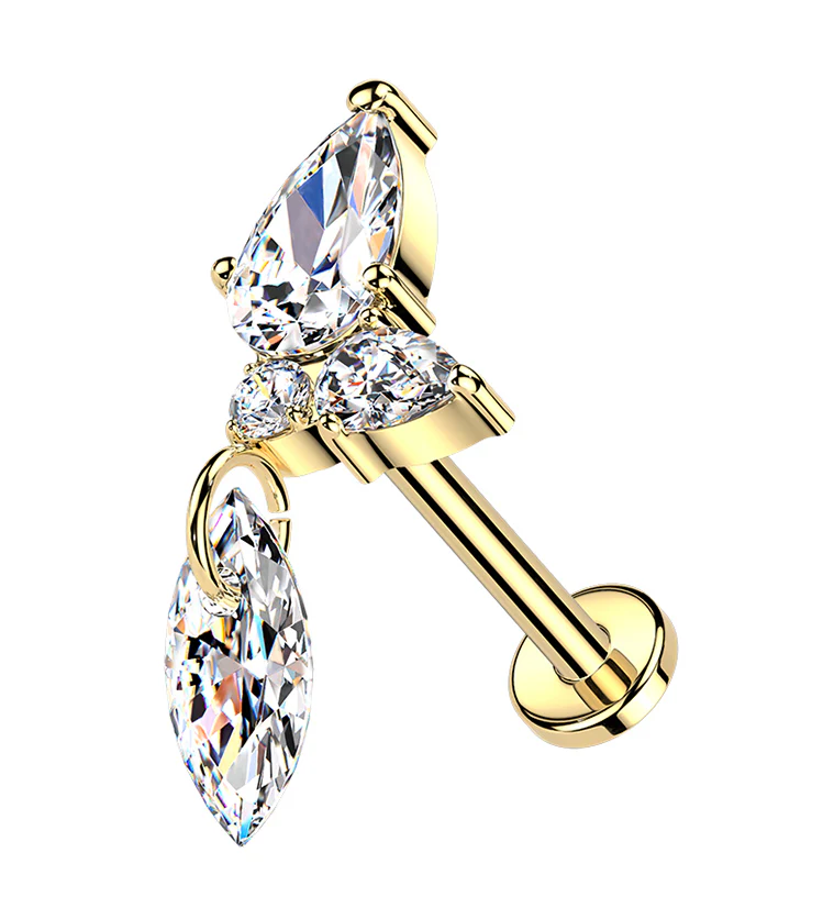 Gold PVD Razorleaf CZ Dangle Titanium Threadless Labret