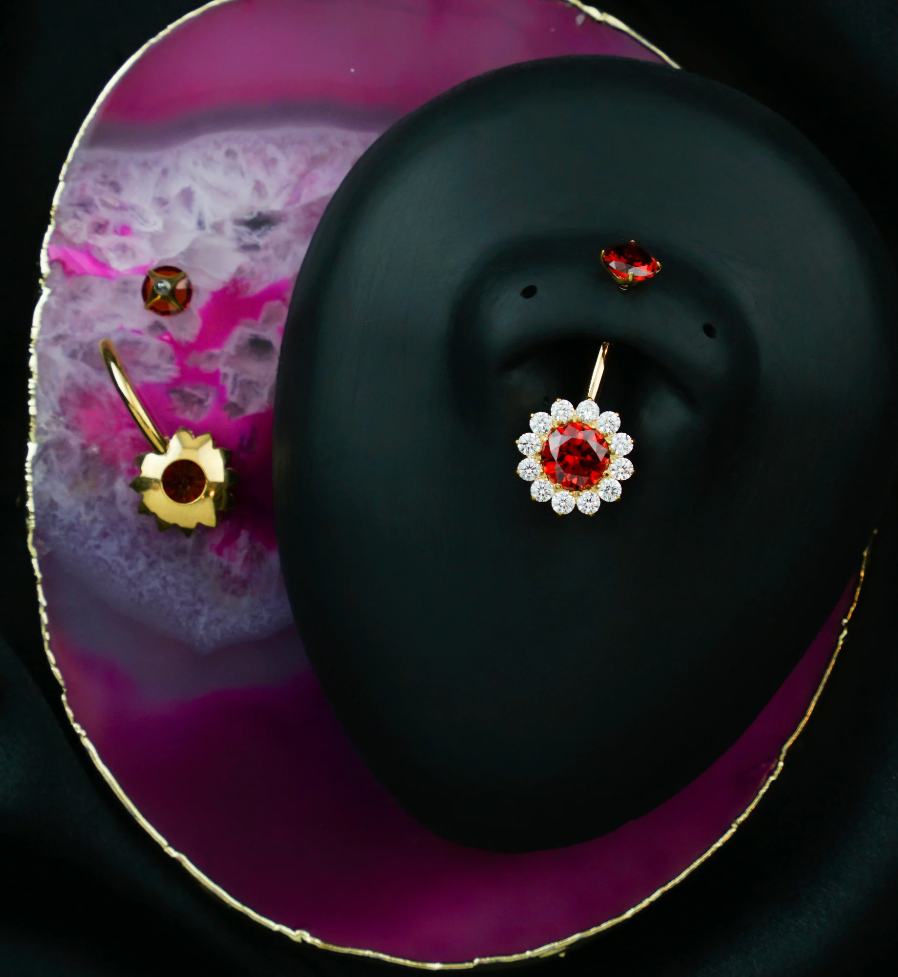 Gold PVD Red CZ Bold Flower Titanium Internally Threaded Belly Button Ring - Image 2