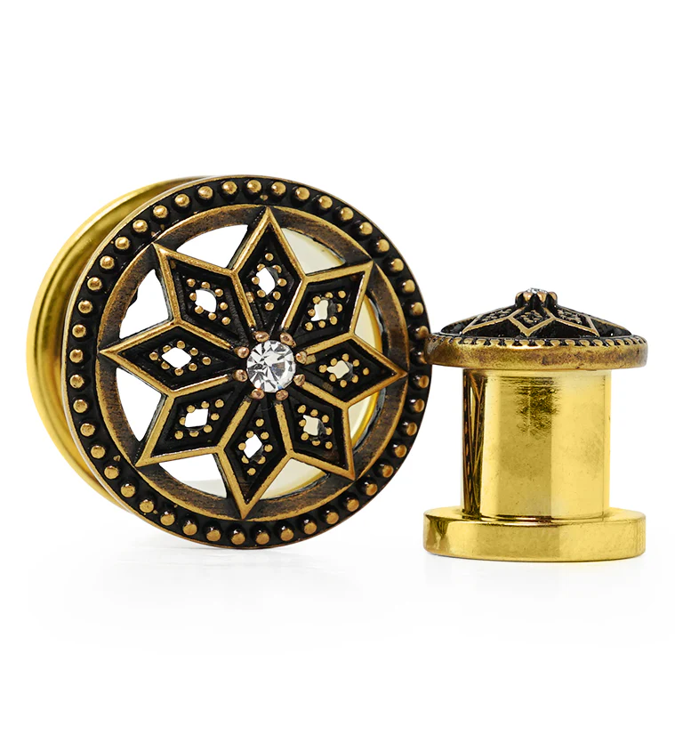 Gold PVD Relic Flower CZ Stainless Steel Tunnel Plugs