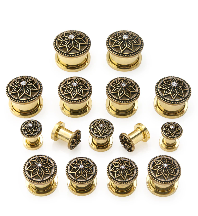 Gold PVD Relic Flower CZ Stainless Steel Tunnel Plugs - Image 3