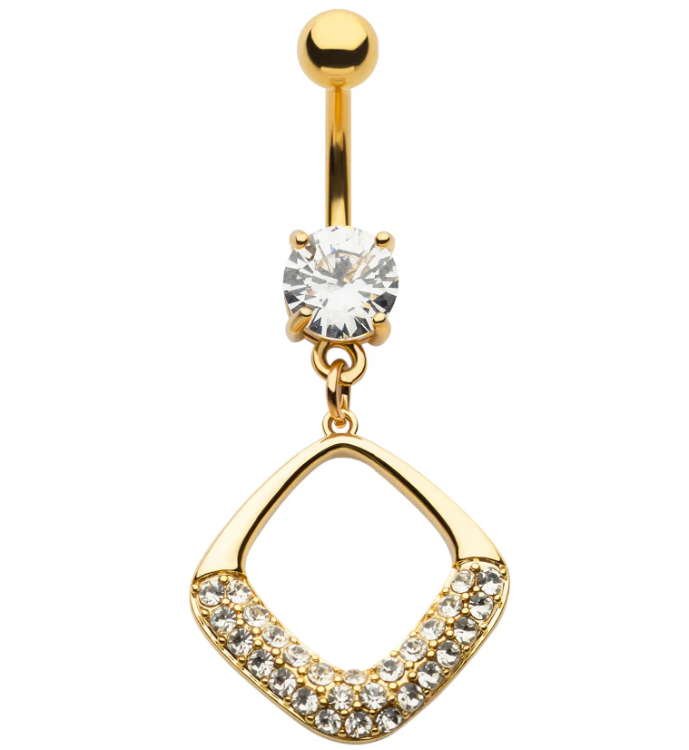 Gold PVD Rhombus Dangle Pave Clear CZ Belly Button Ring - Image 2