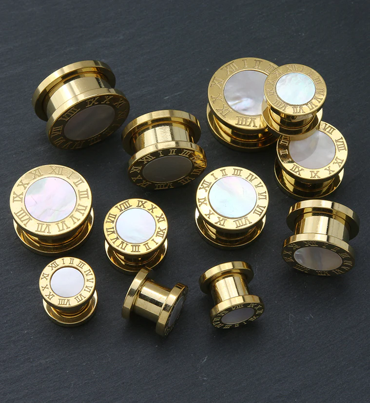 Gold PVD Roman Numeral MOP Stainless Steel Tunnels - Image 2