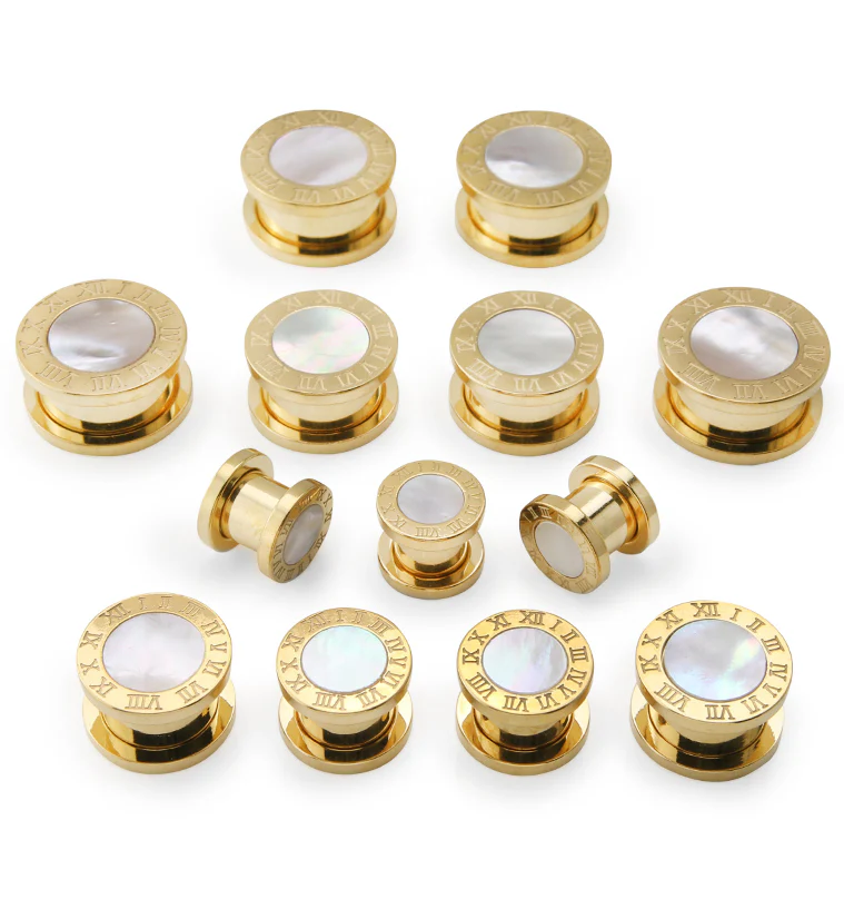 Gold PVD Roman Numeral MOP Stainless Steel Tunnels - Image 3