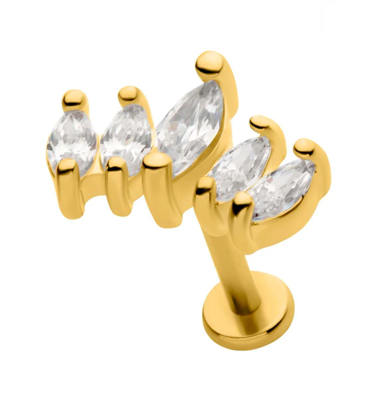 Gold PVD Royal Marquise Clear CZ Stainless Steel Internally Threaded Labret