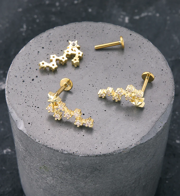 Gold PVD Scorpio Constellation Clear CZ Stainless Steel Internally Threaded Labret - Image 2