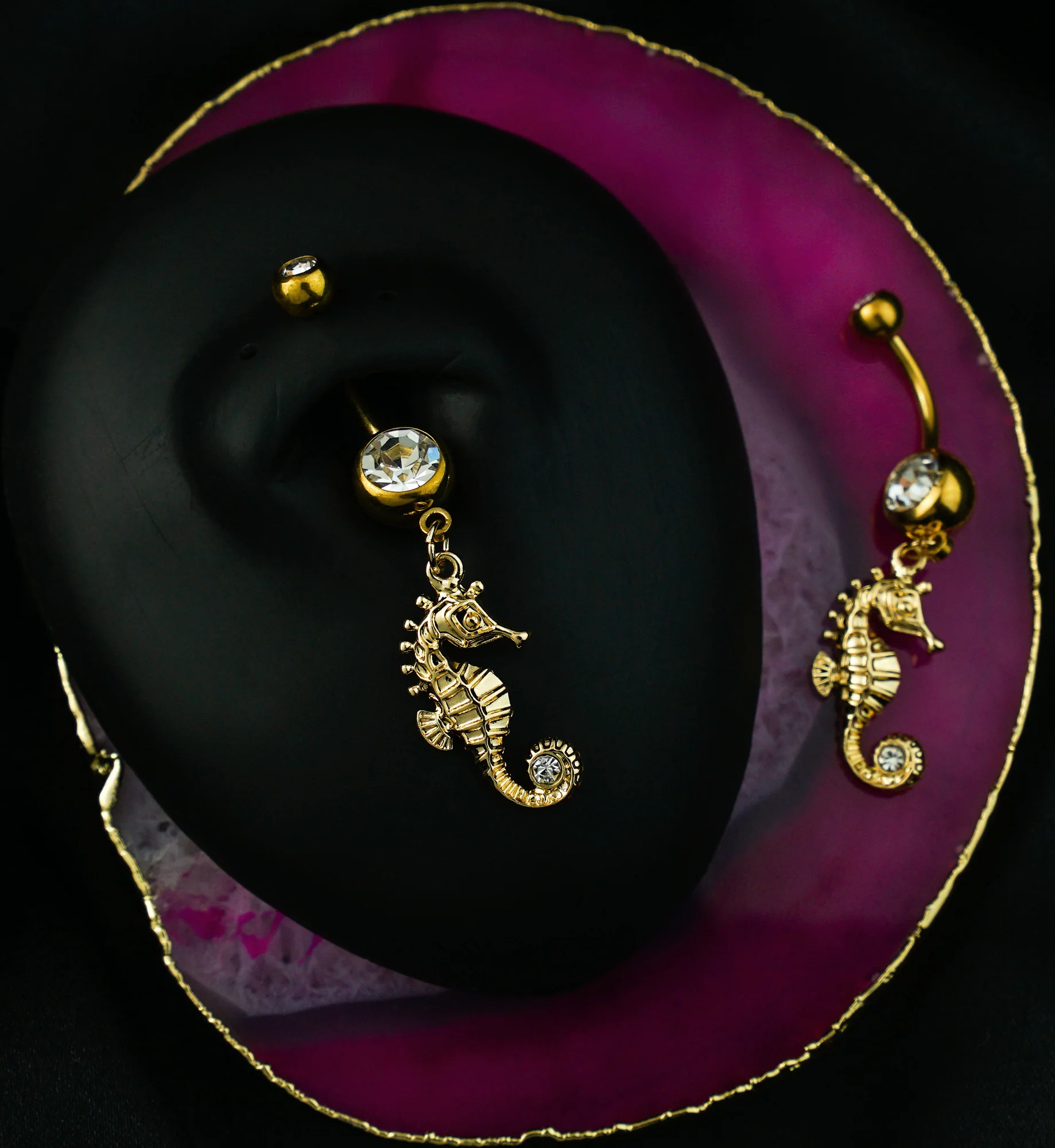 Gold PVD Seahorse Clear CZ Dangle Stainless Steel Belly Button Ring - Image 2