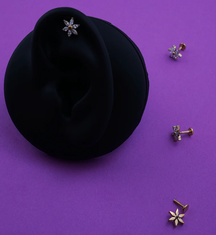 Gold PVD Senary Flower Clear CZ Internally Threaded Titanium Labret - Image 2