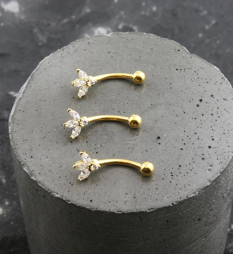 Gold PVD Sepal Clear CZ Stainless Steel Curved Barbell - Image 2