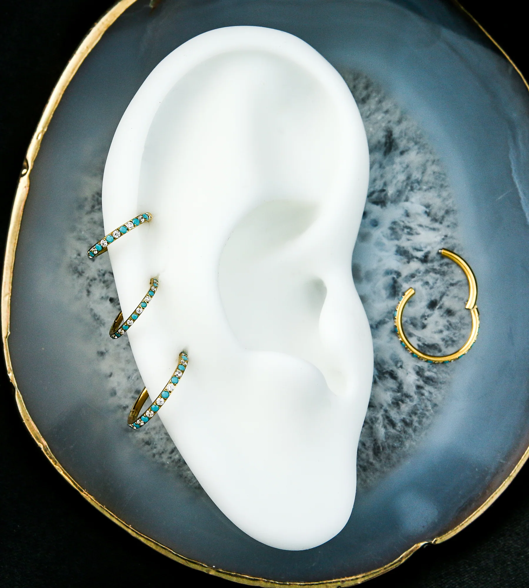 Gold PVD Side Facing Clear CZ Turquoise Titanium Hinged Segment Ring - Image 2