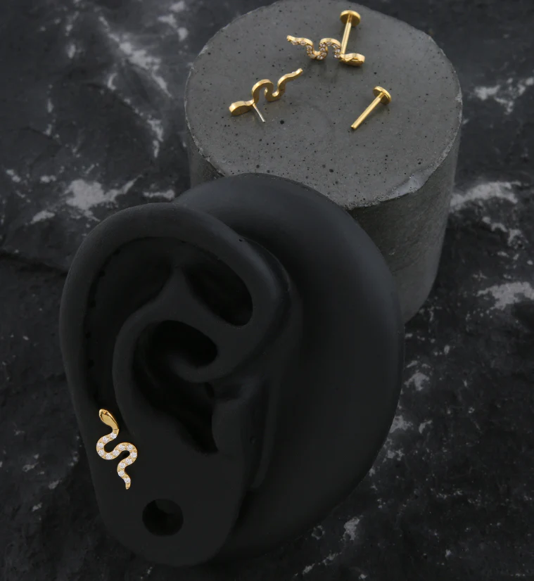 Gold PVD Snake Clear CZ Threadless Titanium Labret - Image 2