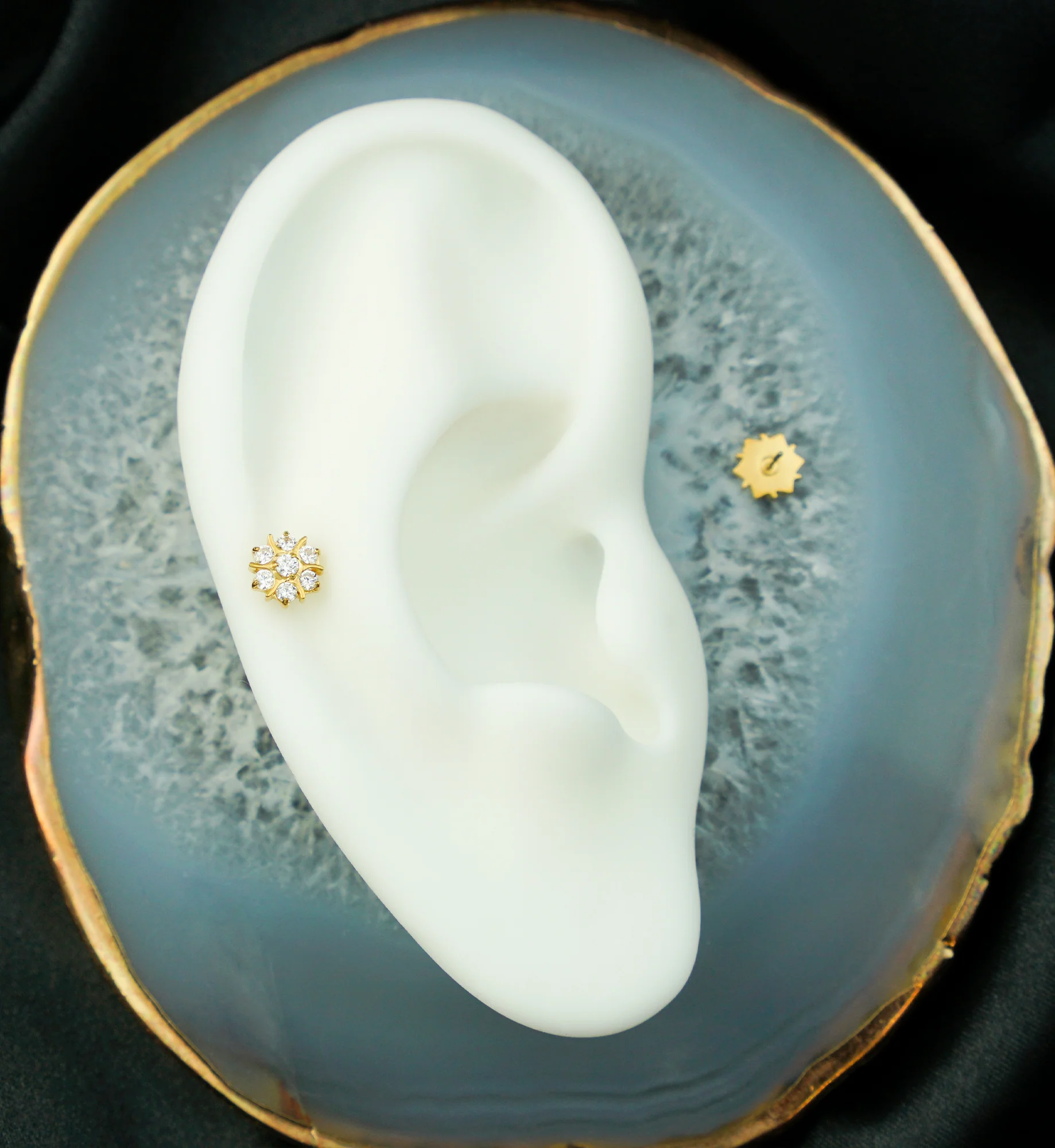 Gold PVD Solstice Flower Clear CZ Titanium Threadless Top - Image 2
