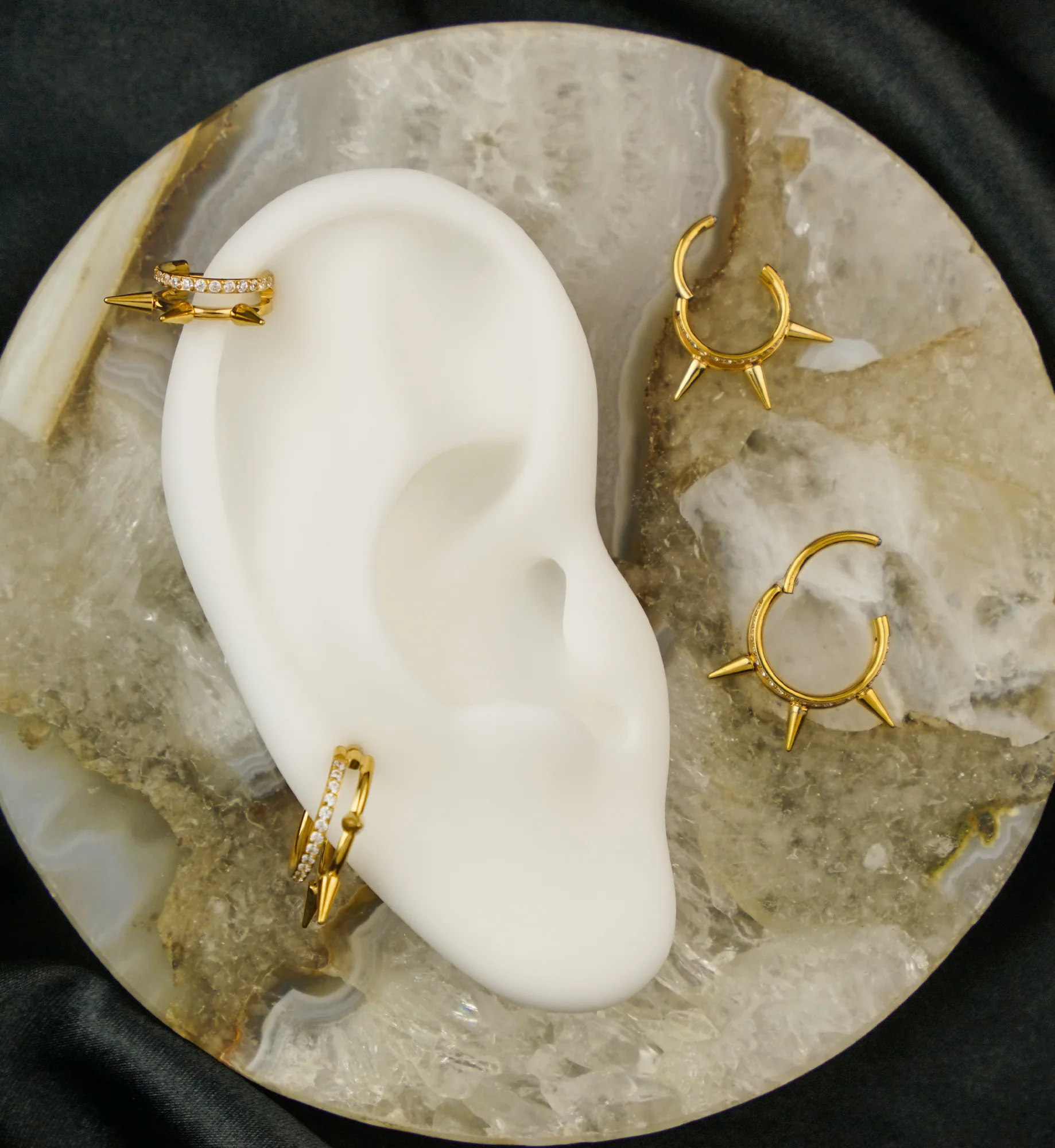 Gold PVD Spike And Clear CZ Double Row Titanium Hinged Segment Ring - Image 2